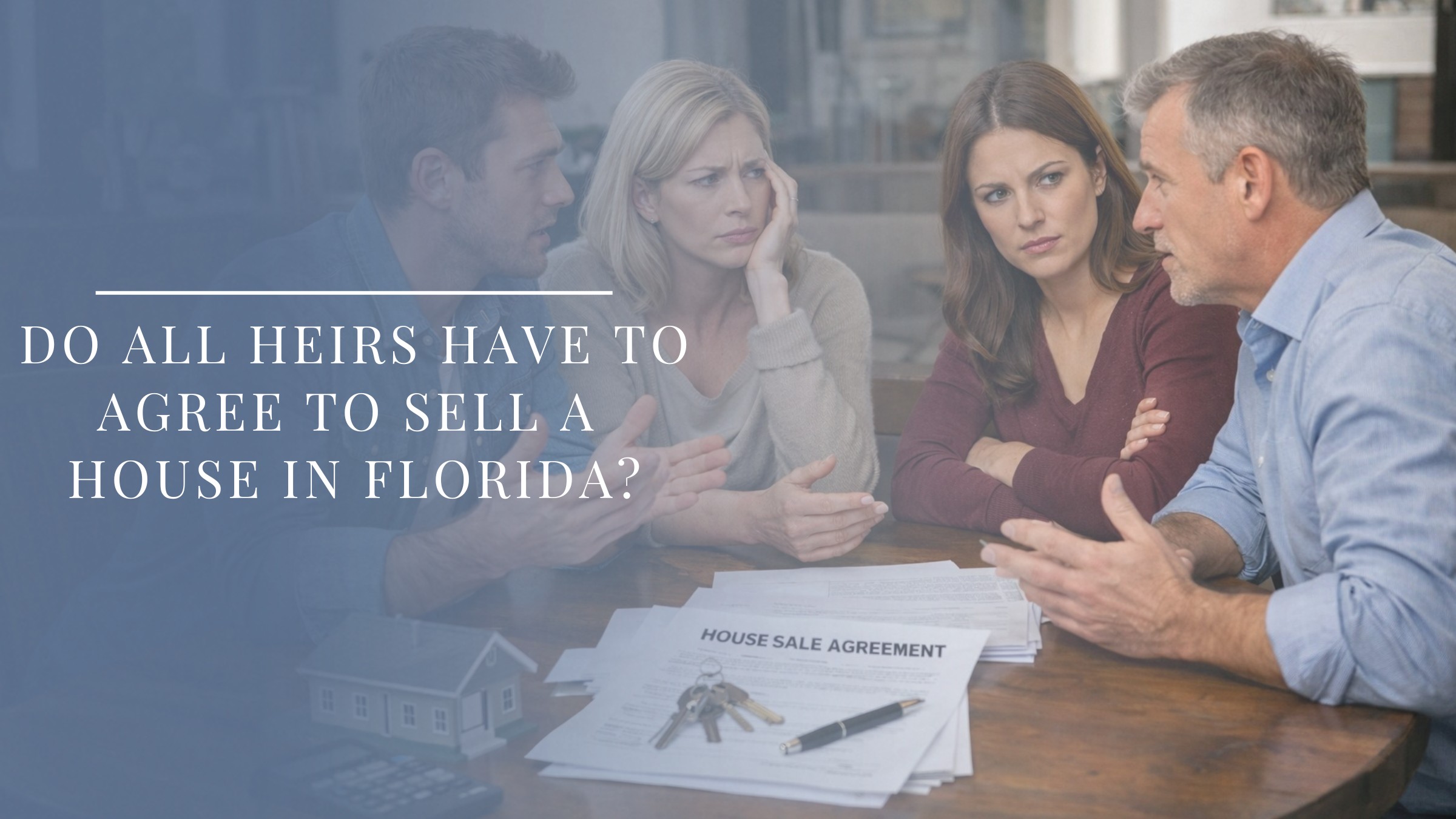 Four siblings discussing whether to sell an inherited house in Florida