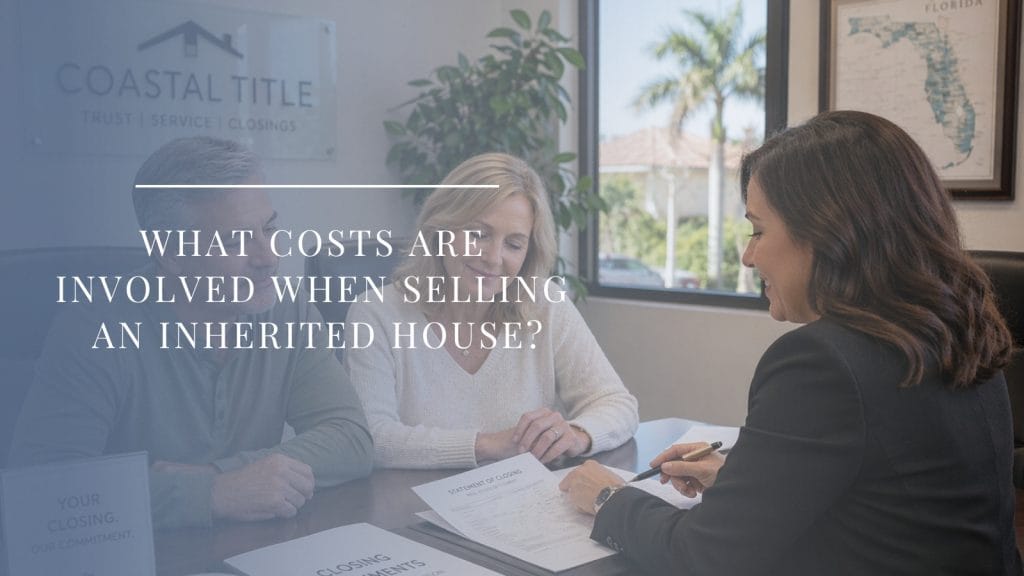 Couple in their 50s signing paperwork at a title company closing on the sale of an inherited home in Florida