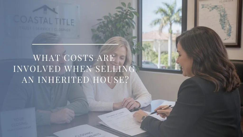 Couple in their 50s signing paperwork at a title company closing on the sale of an inherited home in Florida