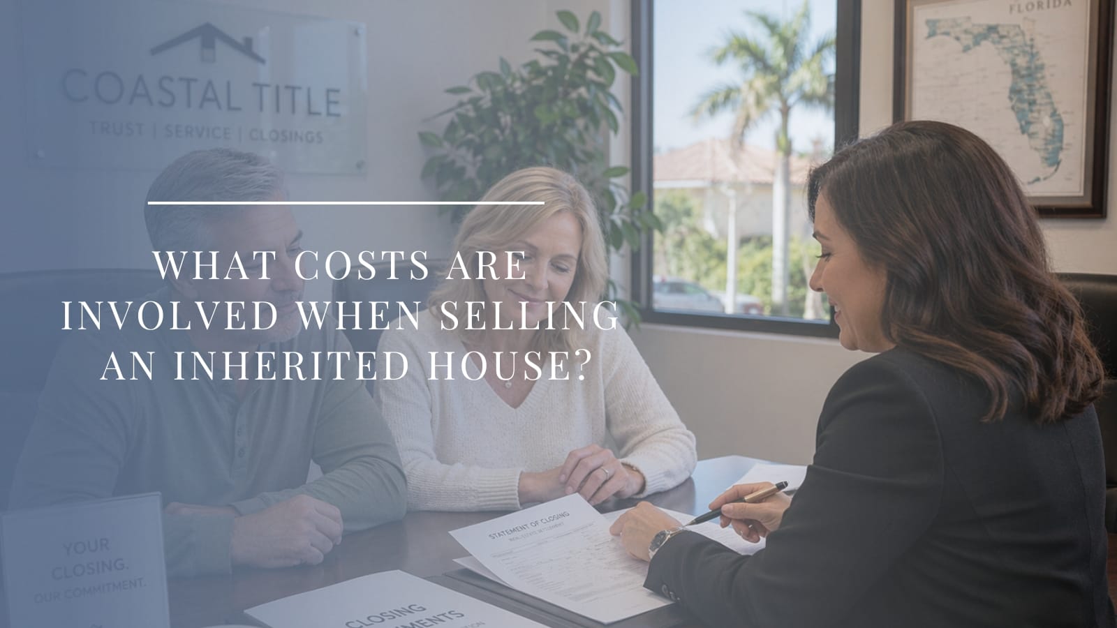 Couple in their 50s signing paperwork at a title company closing on the sale of an inherited home in Florida