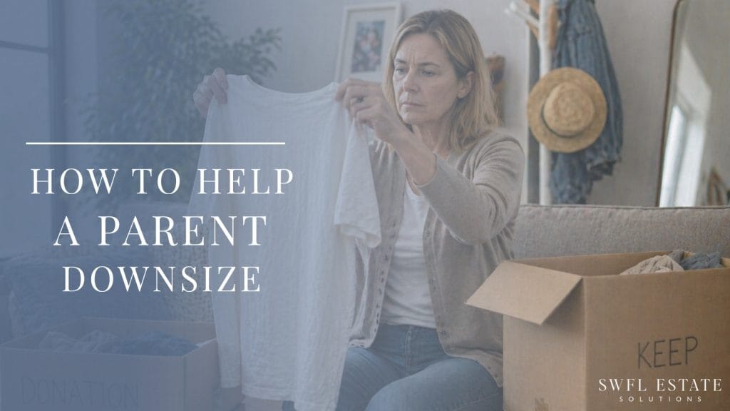 Woman sorting clothing into keep and donation boxes while preparing a parent’s home for sale before assisted living