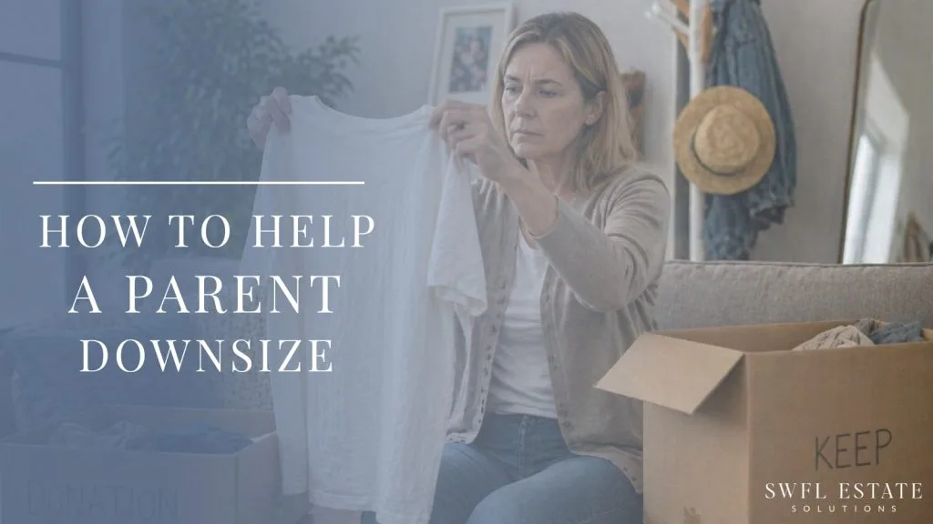 Woman sorting clothing into keep and donation boxes while preparing a parent’s home for sale before assisted living