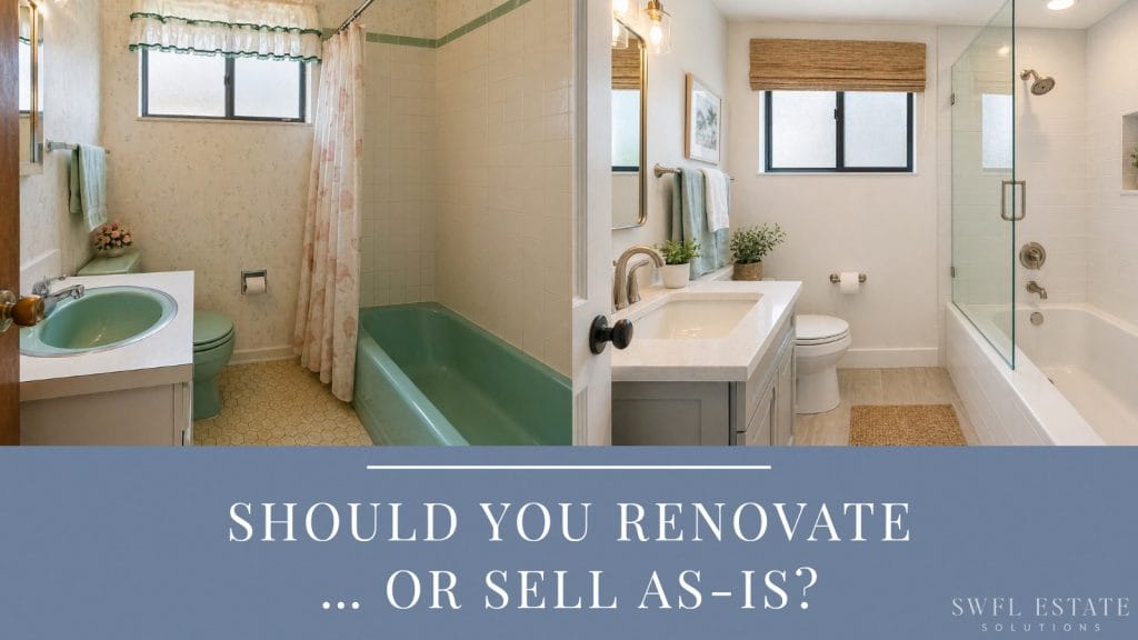 Comparison of outdated and remodeled bathroom in inherited Florida property to help decide whether to renovate before selling