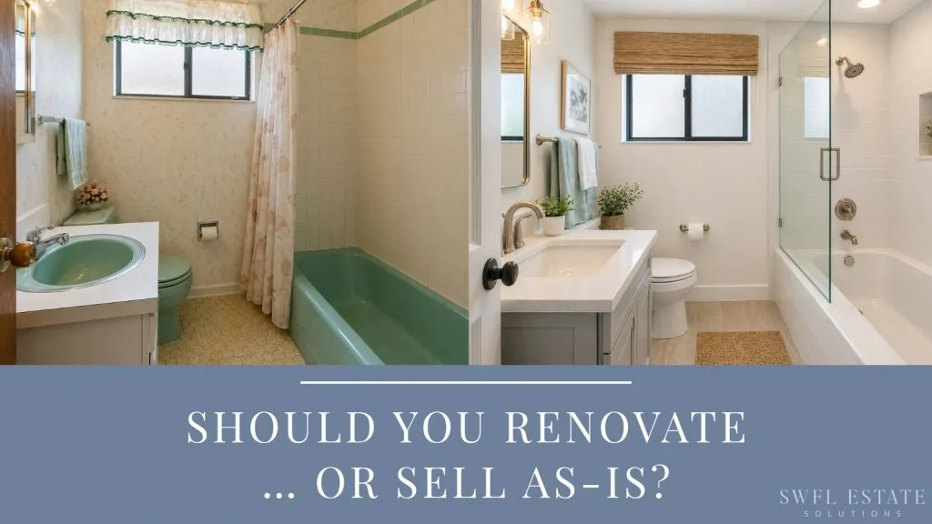 Comparison of outdated and remodeled bathroom in inherited Florida property to help decide whether to renovate before selling