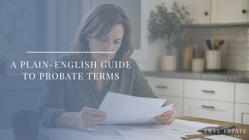 Middle-aged woman sitting at her kitchen table reviewing estate paperwork, reflecting an adult child working through probate documents while helping settle a parent's Florida home.