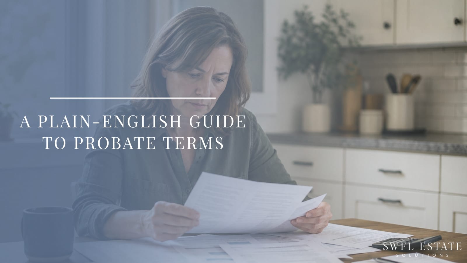 Middle-aged woman sitting at her kitchen table reviewing estate paperwork, reflecting an adult child working through probate documents while helping settle a parent's Florida home.