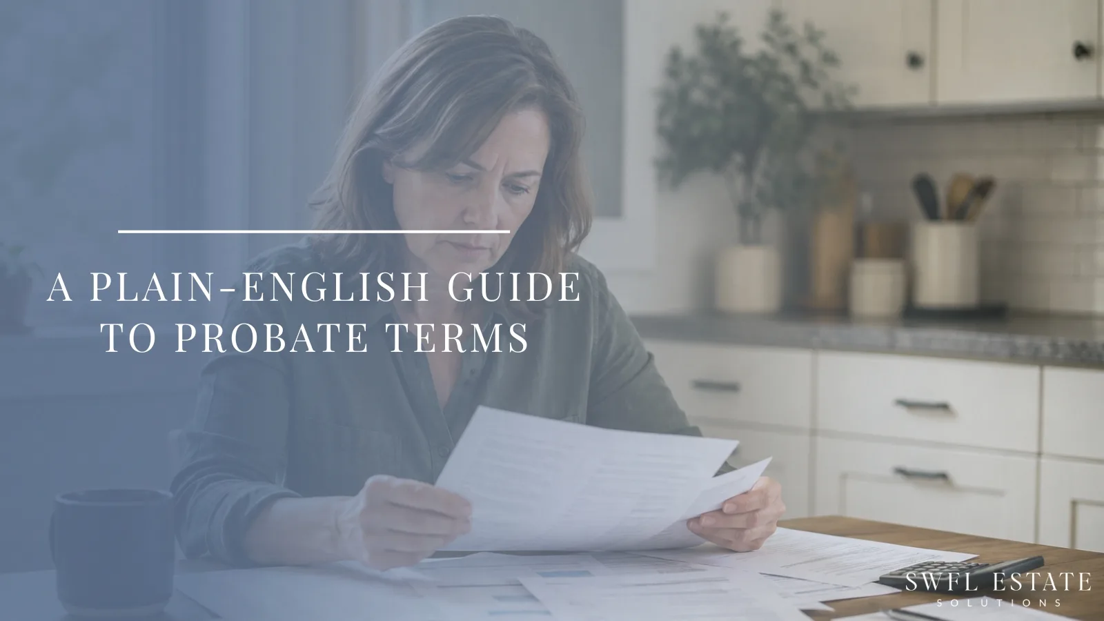 Middle-aged woman sitting at her kitchen table reviewing estate paperwork, reflecting an adult child working through probate documents while helping settle a parent's Florida home.