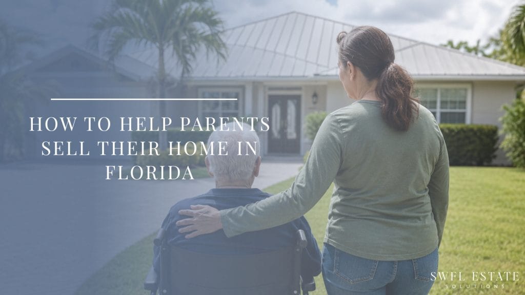 Adult daughter standing with hand on her elderly father's shoulder as he sits in a wheelchair, facing a Florida home with palm trees — representing a family helping an aging parent sell their Southwest Florida house.